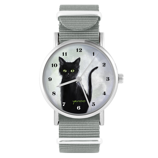 zegarki damskie Zegarek - Czarny kot - szary, nylonowy