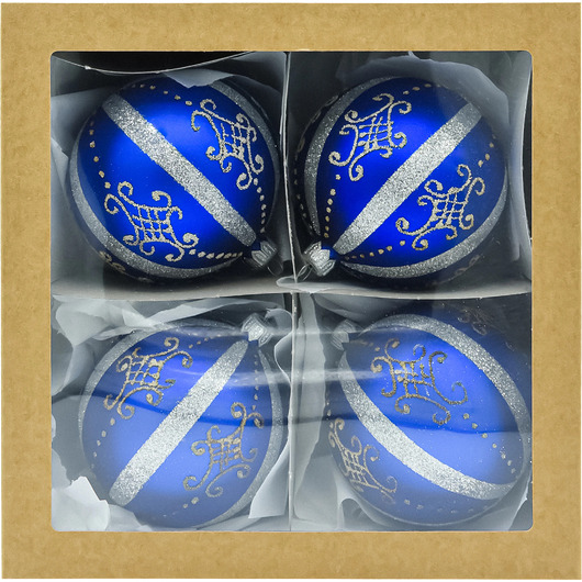 bombki ZESTAW 4 szt.: Bombki okrągłe niebieskie ze srebrnymi pasami