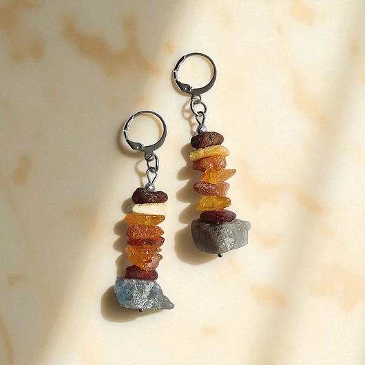 kolczyki z kamieniami Bursztyn : UNIKATOWE kolczyki : bursztyn & labradoryt na surowo