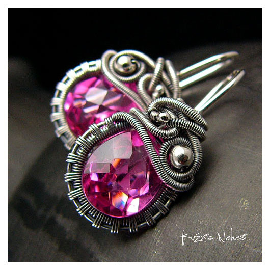 kolczyki wire wrapping Kolczyki Dragony - Kwarc Pink Srebro