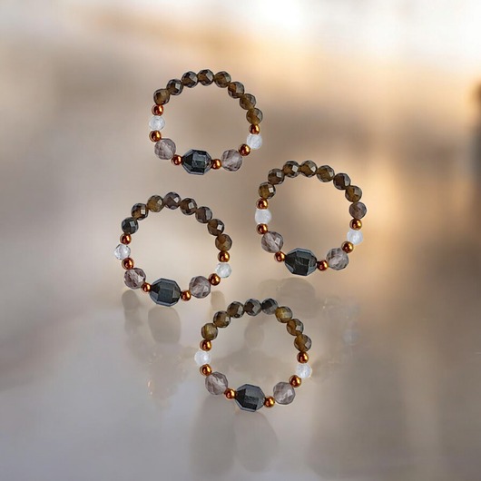 pierścionki elastyczne OCHRONA : pierścionek II - turmalin, obsydian, kwarc dymny, kryształ górski