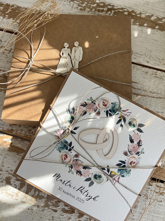 zaproszenia i kartki na ślub Rustykalna kartka na ślub ręcznie robiona z personalizacją