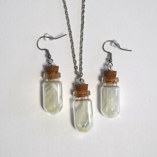 komplet biżuterii Piórka ecru - fiolki, komplet