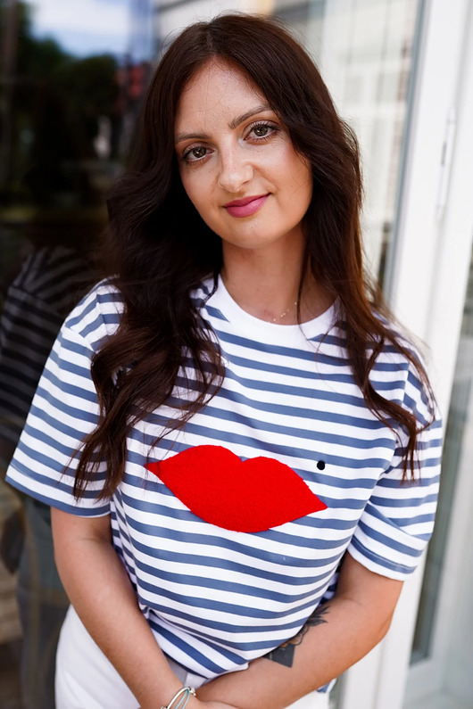 t-shirt damskie Bluzka Joy Usta Paski Niebieski Dżins