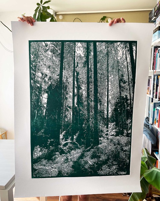 grafiki i ilustracje Duży linoryt "Ciemny las" - wersja ciemna zieleń