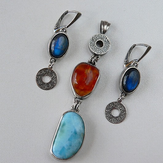 komplet biżuterii -komplet- larimar, labradoryt i bursztyn