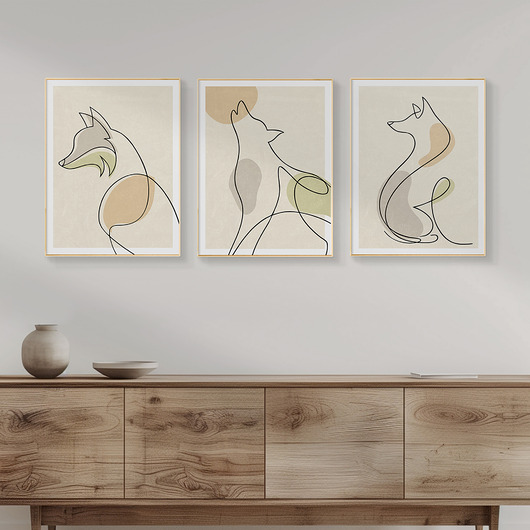 plakaty Zestaw 3 stylowych plakatów w stylu Boho, zwierzęta, pies, wilk, line art.