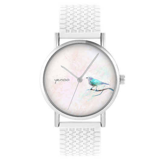 zegarki damskie Zegarek - Turkusowy ptaszek - silikonowy, biały