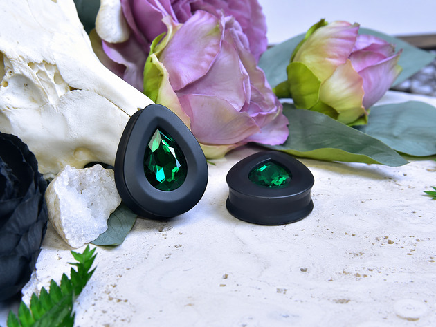 biżuteria różna Tunele do uszu łezki 10-100mm ze szklanym kryształkiem #022 Emerald