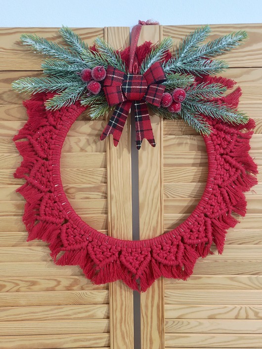 wianki bożonarodzeniowe Świąteczny wianek z makramy dekoracja na ścianę na kominek prezent