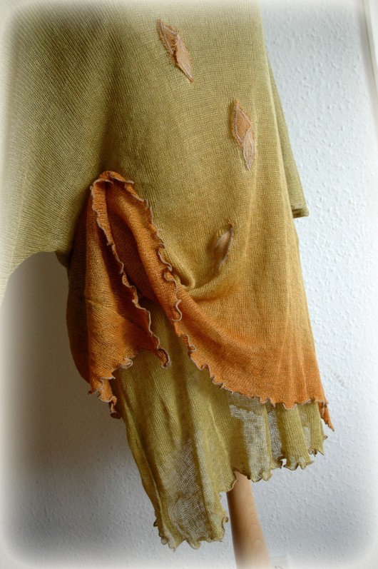 Yellow-orange asymmetric  tunic malowane lnem