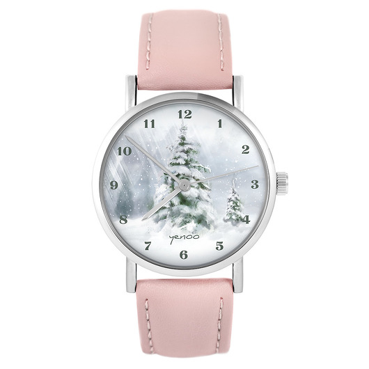 zegarki damskie Zegarek - Zimowy, choinka - pudrowy róż, skóra