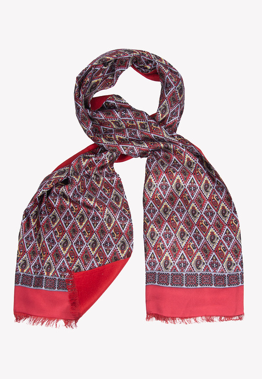 tuby i kominy Ekskluzywny szal męski jedwabny czerwony z motywem geometrycznym 30x180 cm