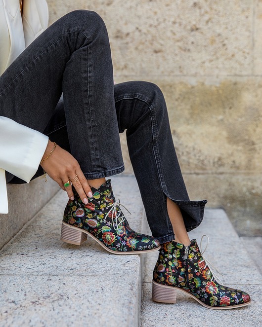 botki damskie RĘCZNIE ROBIONE BOTKI ZAPATO 482 CZARNE LIŚCIE