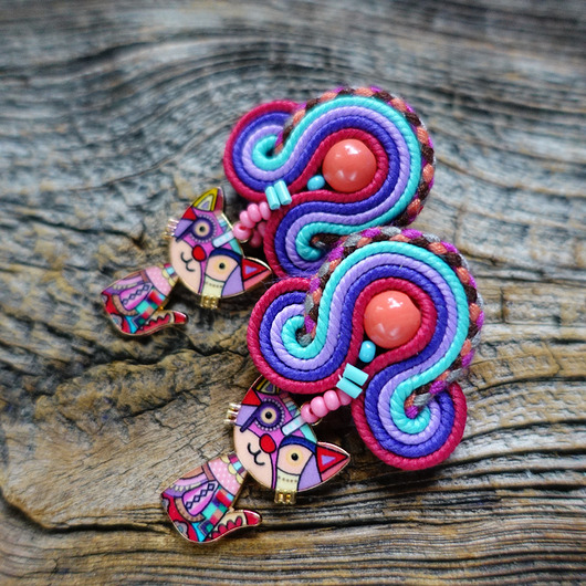 kolczyki soutache Sutaszowe kolczyki z kotem :)