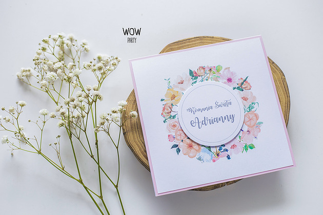 Oryginalne zaproszenie na Komunię dzika róża WOW party