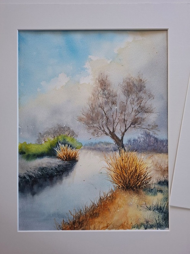 obrazy Obraz akwarelowy "Złociste szuwary" oprawiony w passe-partout 40x50 cm