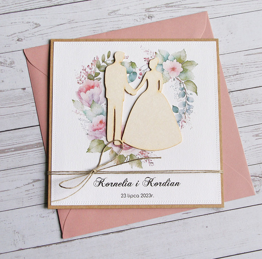 zaproszenia i kartki na ślub Kartka ślubna, PERSONALIZACJA, kolorowa koperta : róż