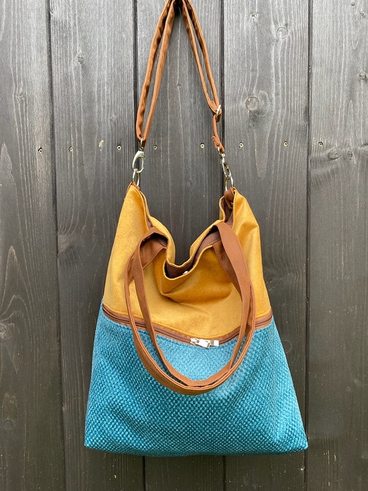 torby na ramię Duża torba na ramię z zapinaną kieszenią -musztarda, turkus, koniak