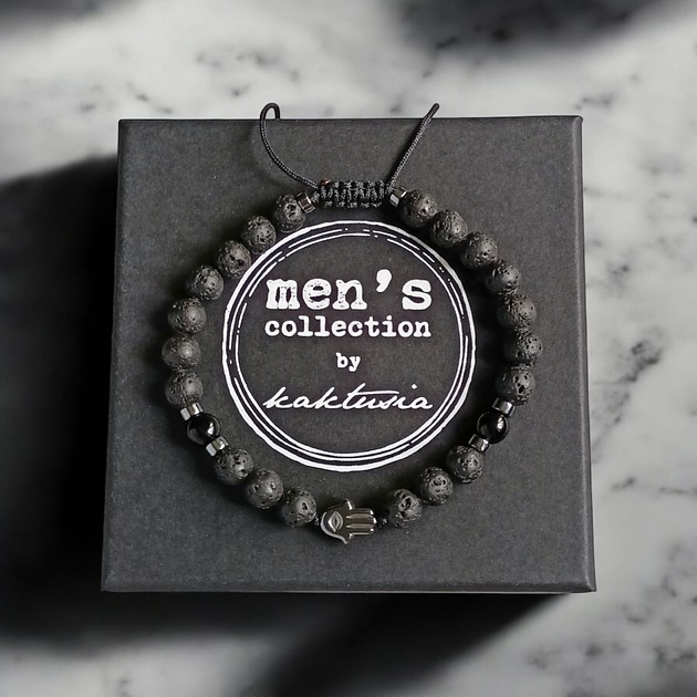 biżuteria męska HAMSA - ochrona : lawa, onyks, hematyt - bransoletka regulowana ONE SIZE