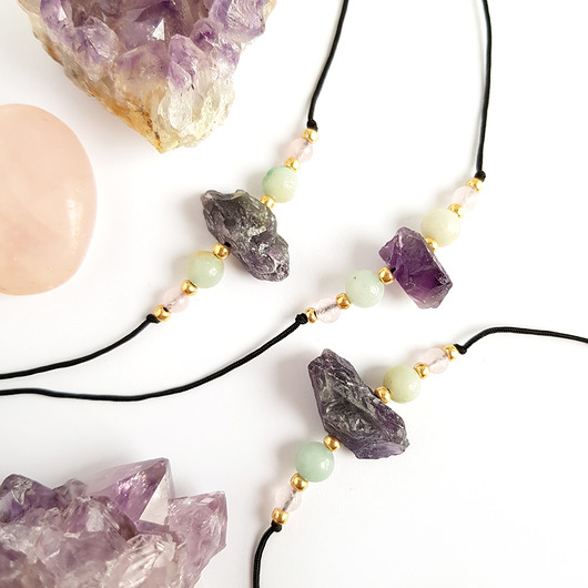 bransoletki z kamieni naturalnych Surowy ametyst, amazonit i kwarc różowy