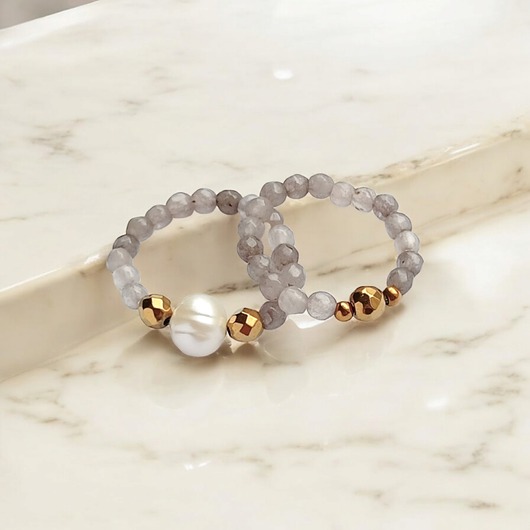 pierścionki elastyczne Zestaw pierścionków : agat szary, perła, złoty hematyt