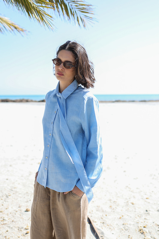 koszule damskie  Koszula lniana Soft Bow lazurowy błękit