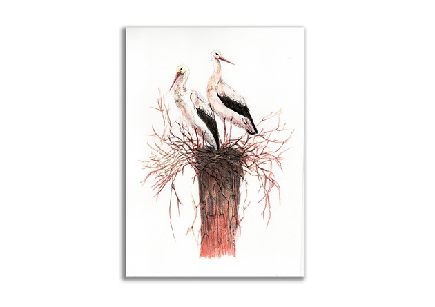 grafiki i ilustracje Akwarela ręcznie malowana "Bociany"