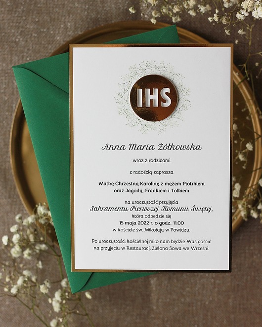 zaproszenia na komunię Gipsówka. Złote zaproszenia komunijne