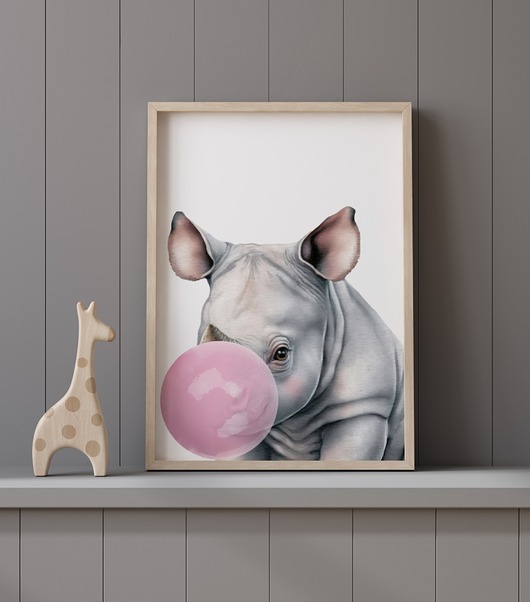 obrazy i plakaty do pokoju dziecięcego Plakat Nosorożec z gumą balonową P113