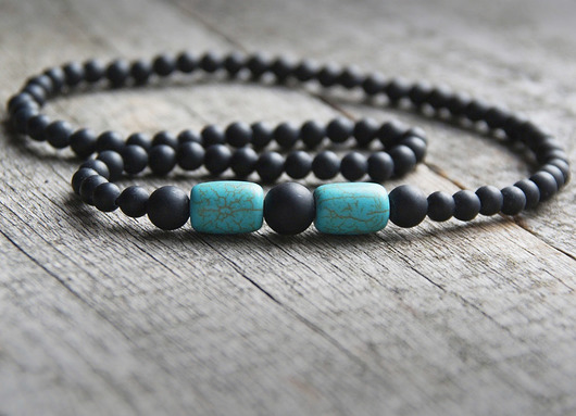 naszyjnik MĘSKI :: black LAVA & howlite kaktusia