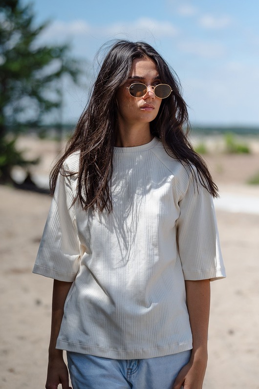 t-shirt damskie Koszulka T-Shirt z bawełny prążkowanej, NATURAL WHITE