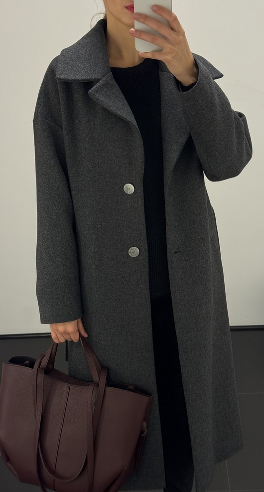płaszcze damskie Długi wełniany szary grafit smukły elegancki płaszcz