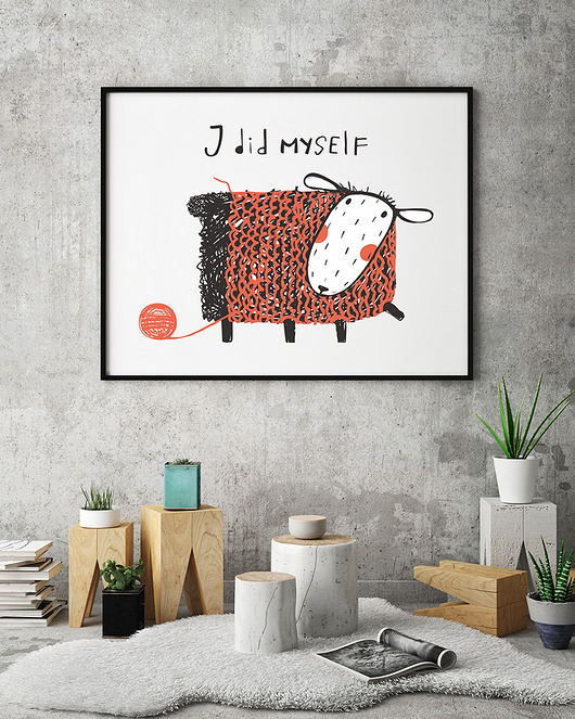 obrazy i plakaty do pokoju dziecięcego Plakat. owieczka robi na drutach. love