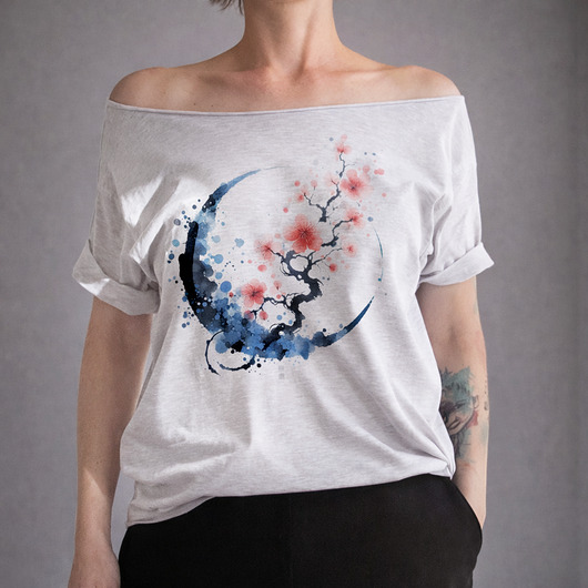 t-shirt damskie Sakura niebieskie koło szary Oversize
