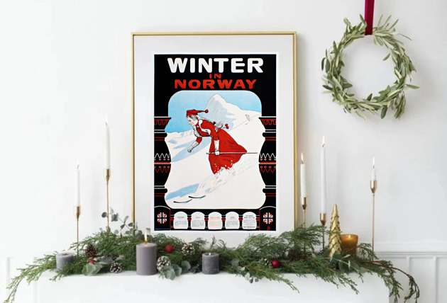 grafiki i ilustracje PLAKAT zimowy vintage,  Norwegia retro poster, narty ilustracja