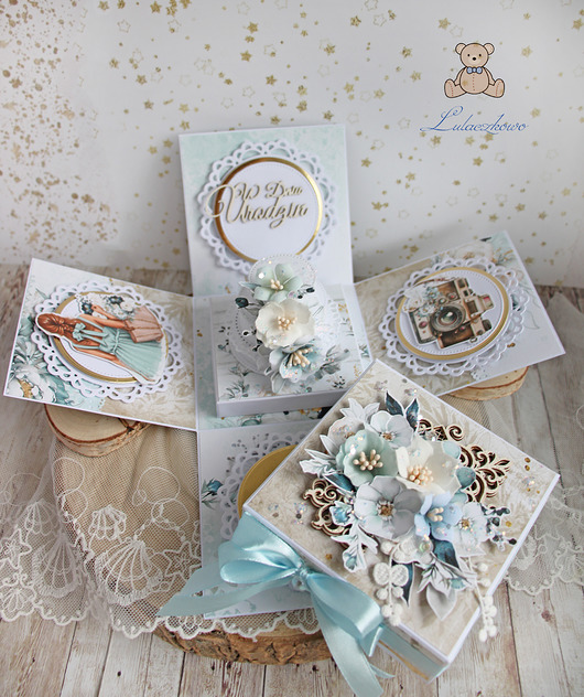 kartki scrapbooking Exploding box urodzinowy "ForeverBlue" GOTOWY