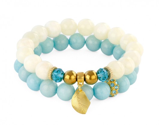Cream & blue jade with leaf & crystal bead. Lavoga
