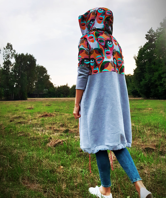 bluza z kapturem damska TWARZE długa bluza oversize z łączonych tkanin