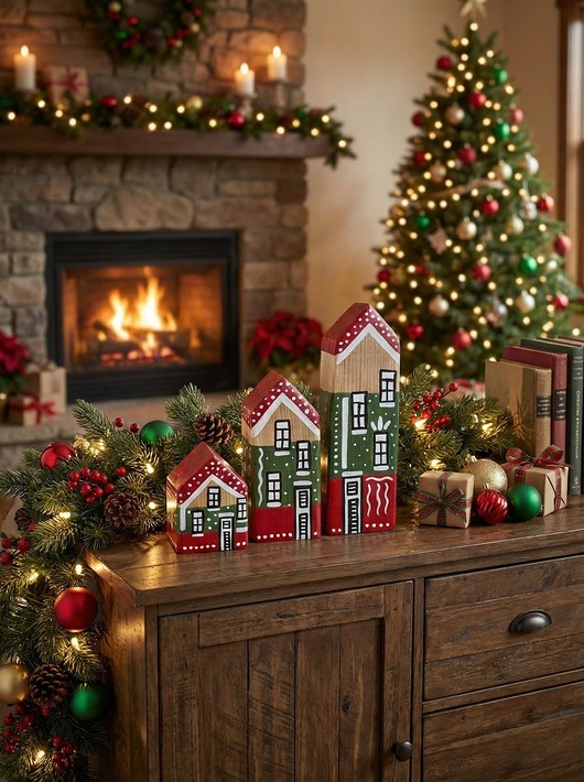 dekoracje świąteczne Zestaw drewnianych domków