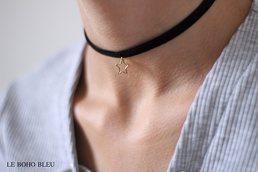 Thin Black Velvet Choker with Gold Open Star Le Boho Bleu