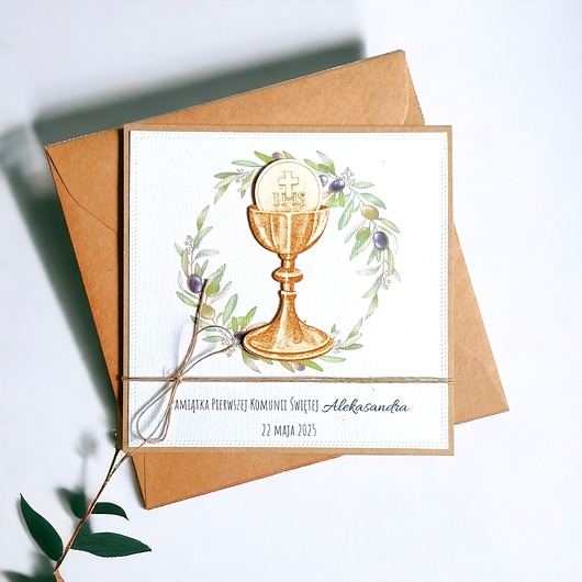 kartki na komunię Kartka, PERSONALIZACJA : I Komunia Święta : oliwki: kielich