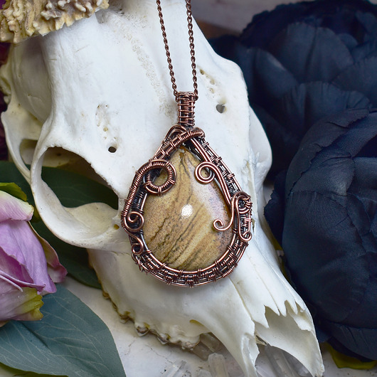 wisiory Miedziany wisiorek wire wrapping z jaspisem obrazkowym