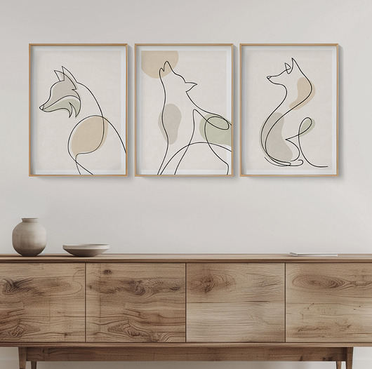 plakaty Zestaw 3 stylowych plakatów w stylu Boho, zwierzęta, pies, wilk, line art.