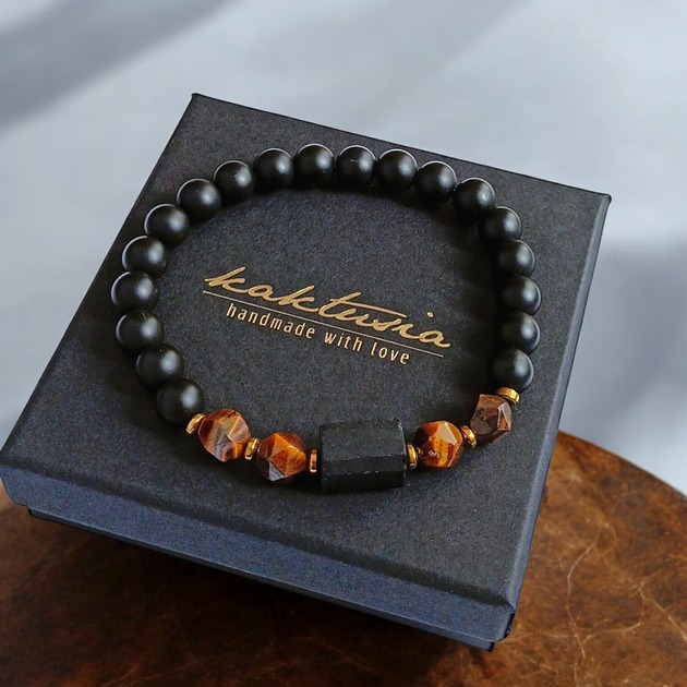 biżuteria męska SUKCES, OCHRONA, SIŁA : tygrysie oko, turmalin, onyks : gold