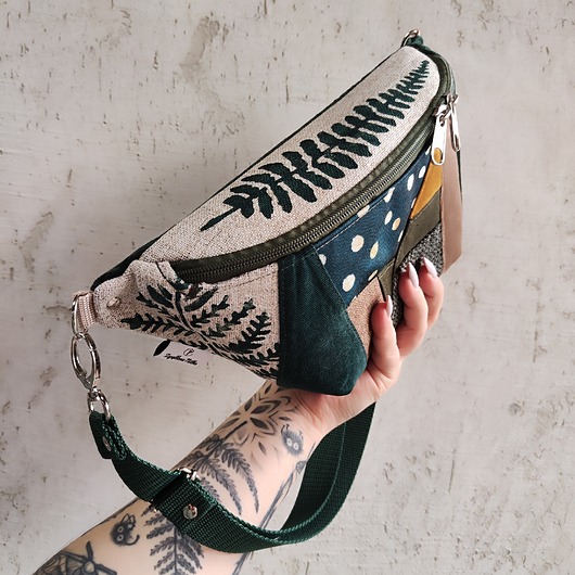 saszetka nerka Nerka XXL zerowaste unikat liście paproci