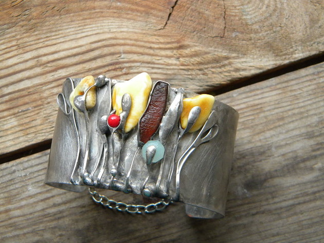 bransoletki wire wrapping Bursztyny-  bransoleta mankiet CUFF