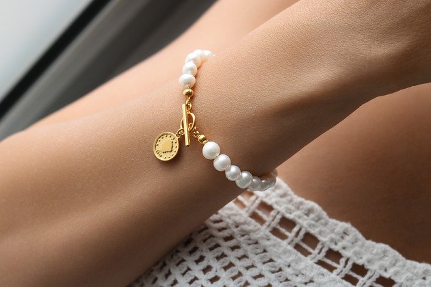 bransoletki złote Bransoletka perły naturalne moneta srebro 925 pozłacane