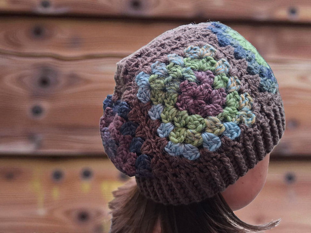 czapki damskie Szydełkowa czapka Granny Square brąz