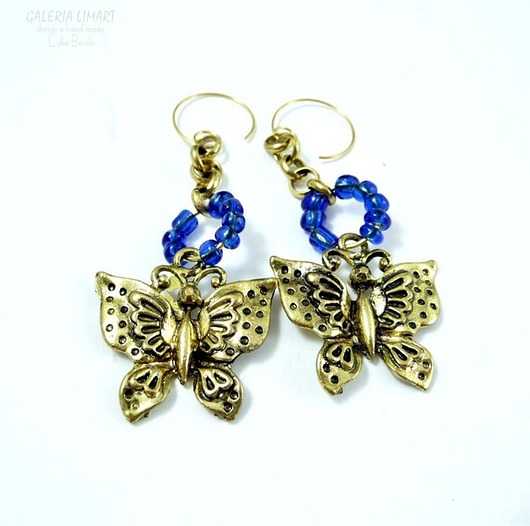 kolczyki z mosiądzu Złoty motyl z kobaltem urocze długie modne kolczyki w stylu boho handmade